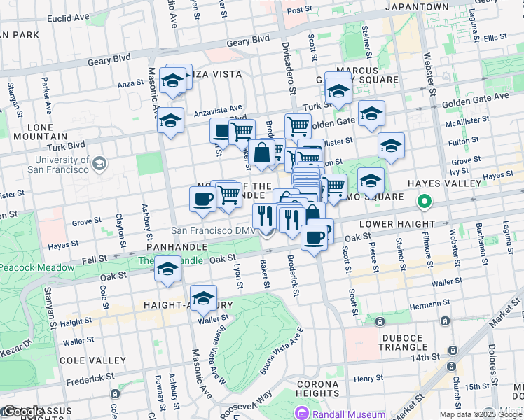 map of restaurants, bars, coffee shops, grocery stores, and more near 1469 Hayes Street in San Francisco