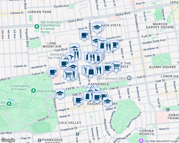 map of restaurants, bars, coffee shops, grocery stores, and more near 101 Ashbury Street in San Francisco
