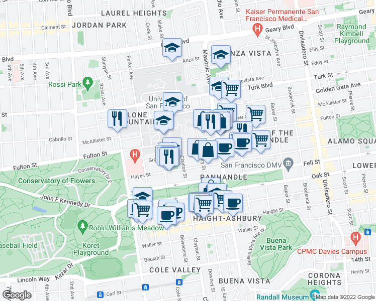 map of restaurants, bars, coffee shops, grocery stores, and more near 1996 Grove Street in San Francisco