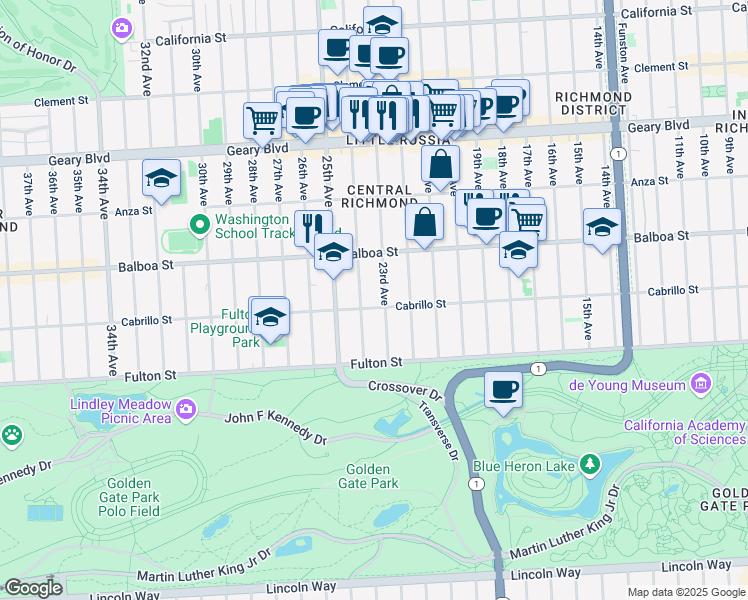map of restaurants, bars, coffee shops, grocery stores, and more near 2200 Cabrillo Street in San Francisco
