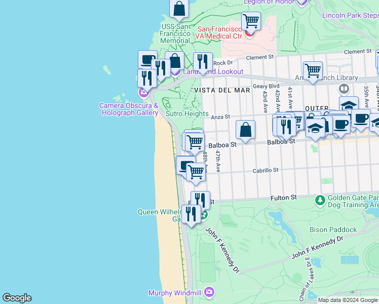 map of restaurants, bars, coffee shops, grocery stores, and more near 730 A Great Highway in San Francisco