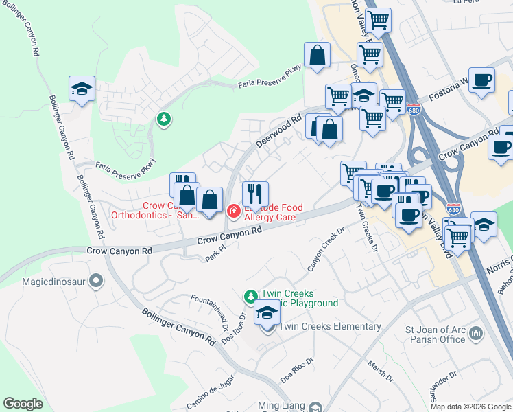 map of restaurants, bars, coffee shops, grocery stores, and more near 3348 Chartwell Street in San Ramon