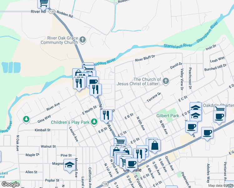 map of restaurants, bars, coffee shops, grocery stores, and more near 767 Old Stockton Road in Oakdale