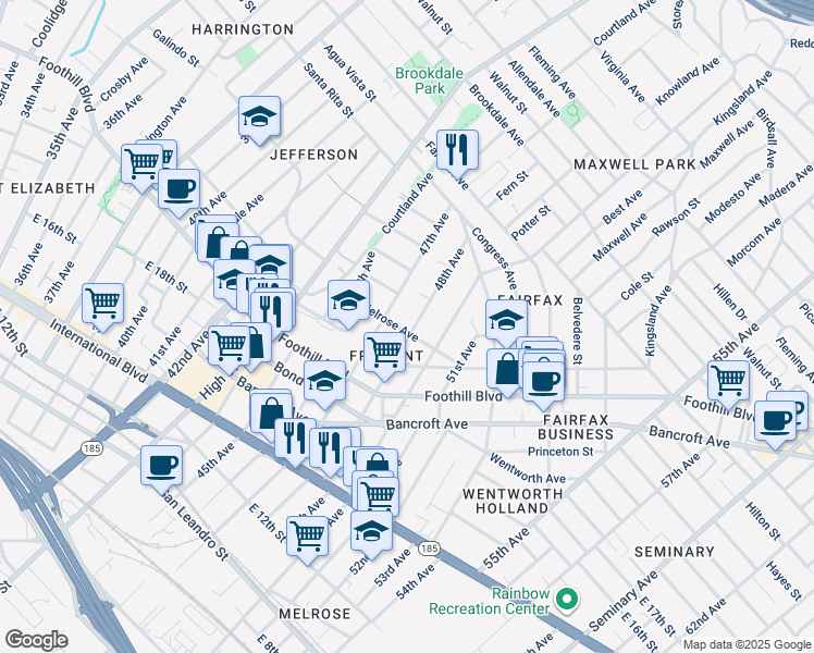 map of restaurants, bars, coffee shops, grocery stores, and more near 2033 48th Avenue in Oakland