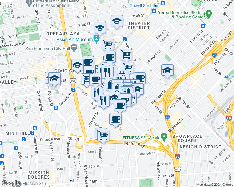 map of restaurants, bars, coffee shops, grocery stores, and more near 202 9th Street in San Francisco