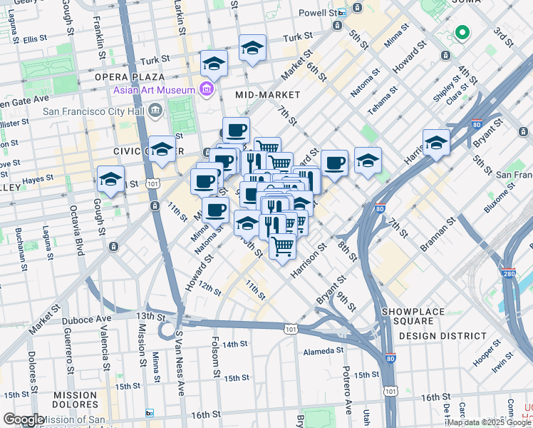 map of restaurants, bars, coffee shops, grocery stores, and more near 784 Clementina Street in San Francisco