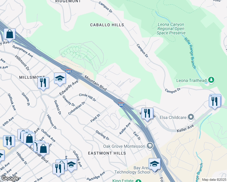 map of restaurants, bars, coffee shops, grocery stores, and more near 7572 Mountain Boulevard in Oakland
