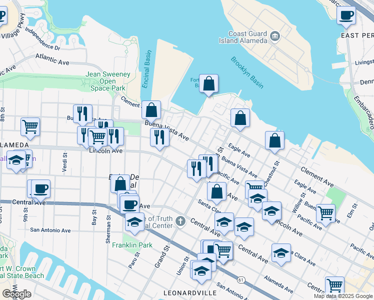 map of restaurants, bars, coffee shops, grocery stores, and more near 1582 Pacific Avenue in Alameda
