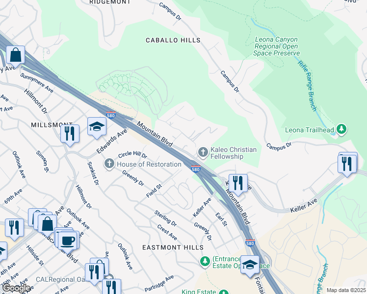 map of restaurants, bars, coffee shops, grocery stores, and more near 7572 Mountain Boulevard in Oakland