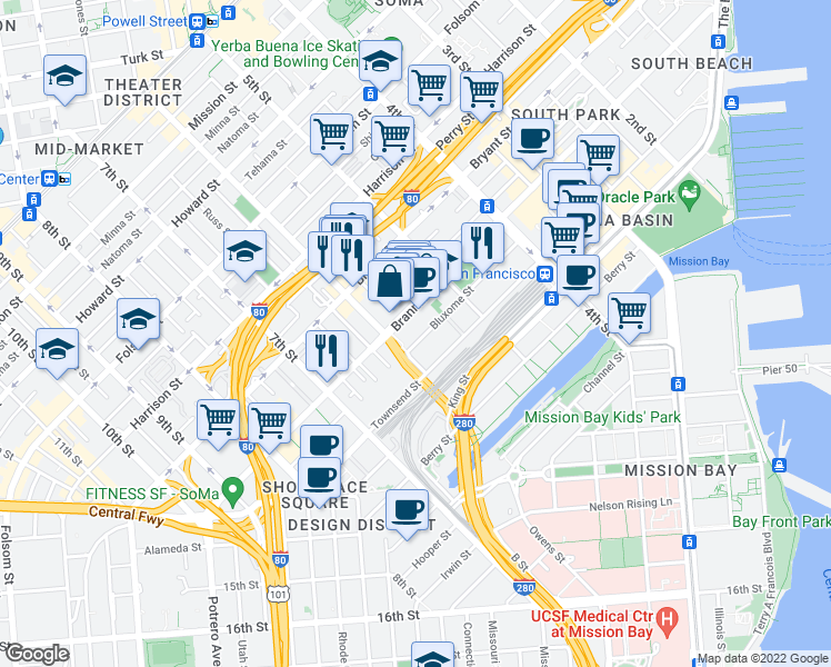 map of restaurants, bars, coffee shops, grocery stores, and more near 178 Bluxome Street in San Francisco