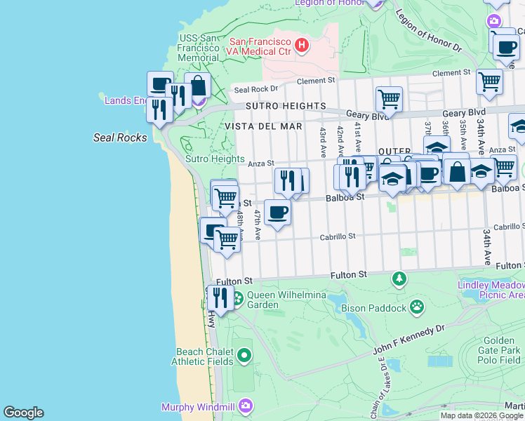 map of restaurants, bars, coffee shops, grocery stores, and more near 740 47th Avenue in San Francisco