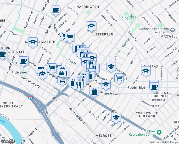 map of restaurants, bars, coffee shops, grocery stores, and more near 4237 Foothill Boulevard in Oakland