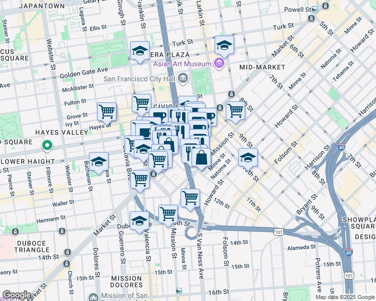 map of restaurants, bars, coffee shops, grocery stores, and more near 1 South Van Ness Avenue in San Francisco