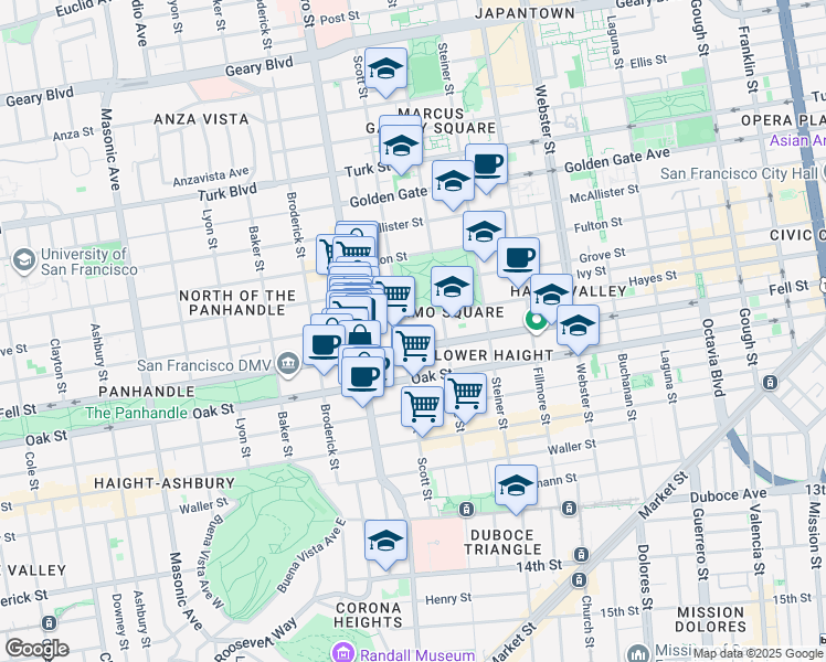 map of restaurants, bars, coffee shops, grocery stores, and more near 503 Scott Street in San Francisco