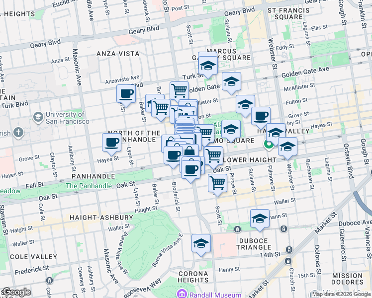 map of restaurants, bars, coffee shops, grocery stores, and more near 599 Divisadero Street in San Francisco