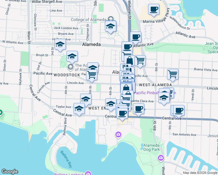 map of restaurants, bars, coffee shops, grocery stores, and more near 1539 6th Street in Alameda