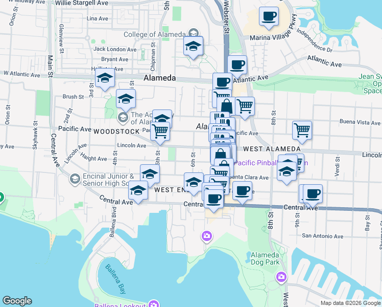 map of restaurants, bars, coffee shops, grocery stores, and more near 1539 6th Street in Alameda