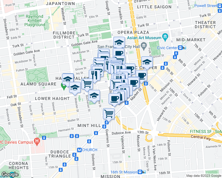 map of restaurants, bars, coffee shops, grocery stores, and more near 282 Oak Street in San Francisco