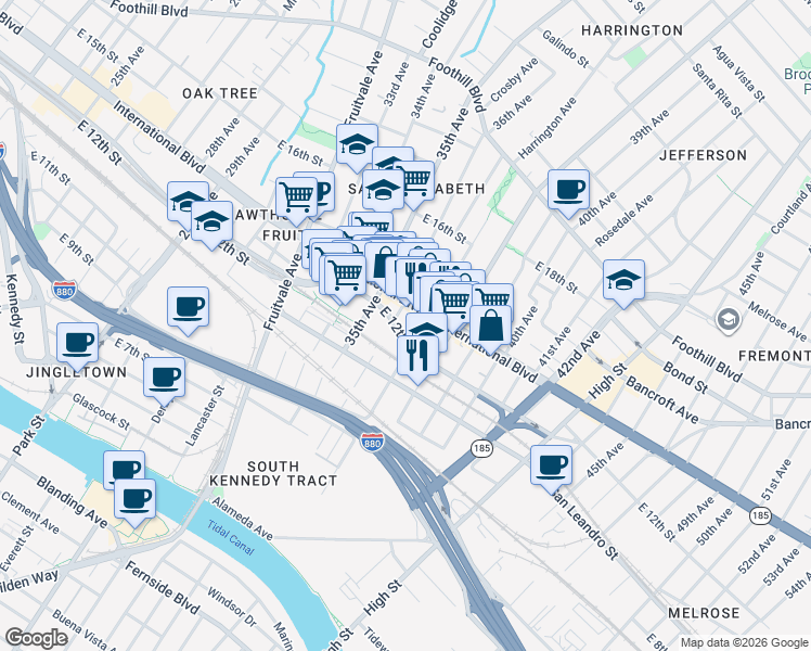map of restaurants, bars, coffee shops, grocery stores, and more near 1213 37th Avenue in Oakland