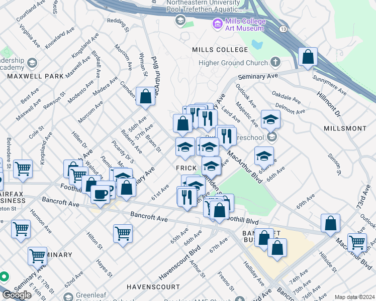 map of restaurants, bars, coffee shops, grocery stores, and more near 3104 60th Avenue in Oakland