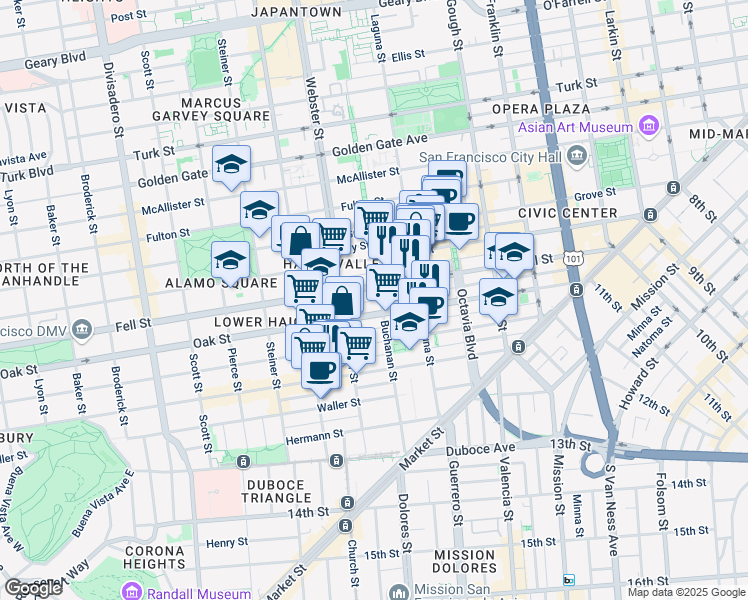 map of restaurants, bars, coffee shops, grocery stores, and more near 518 Oak Street in San Francisco