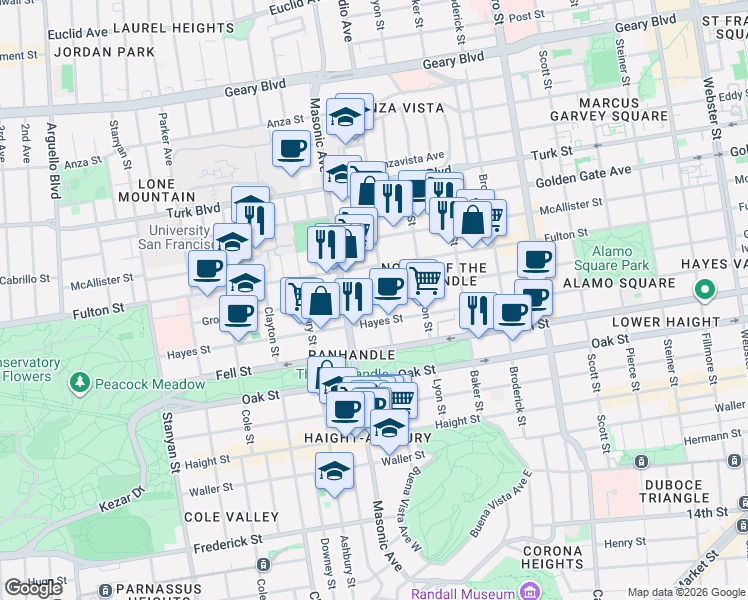 map of restaurants, bars, coffee shops, grocery stores, and more near 521 Central Avenue in San Francisco