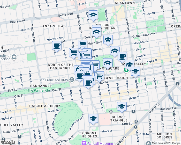 map of restaurants, bars, coffee shops, grocery stores, and more near 1271 Hayes Street in San Francisco