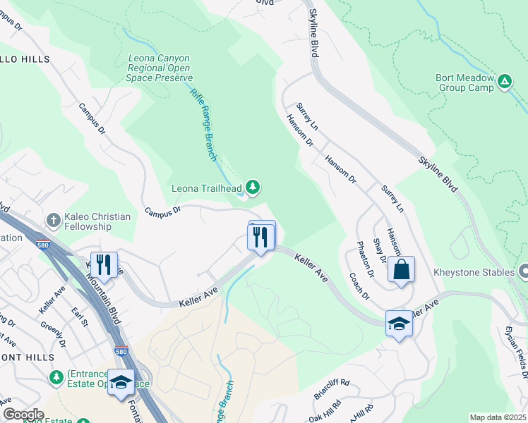 map of restaurants, bars, coffee shops, grocery stores, and more near 740 Canyon Oaks Drive in Oakland
