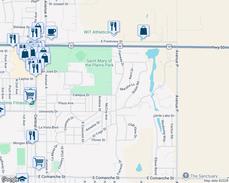 map of restaurants, bars, coffee shops, grocery stores, and more near 2323 Fairway Dr in Dodge City