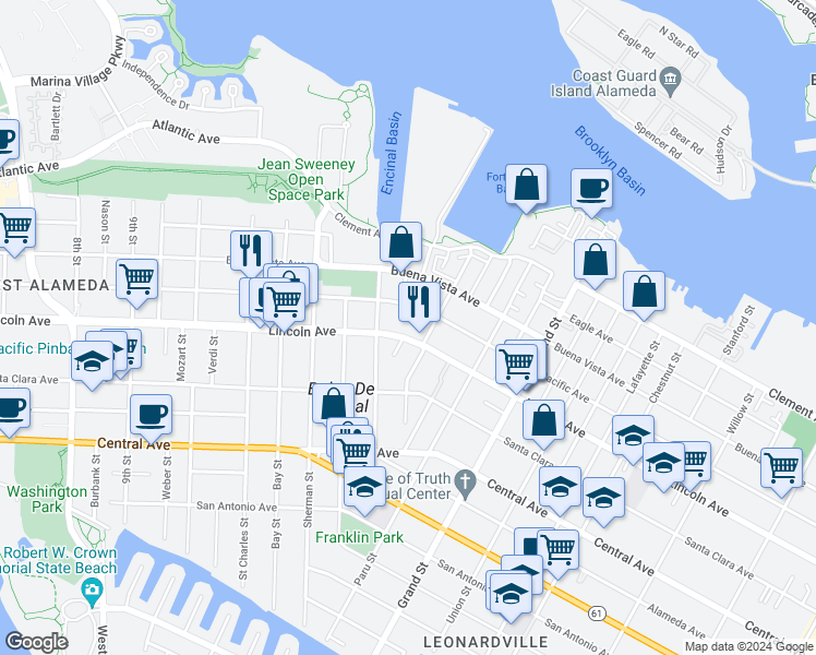 map of restaurants, bars, coffee shops, grocery stores, and more near 1523 Lincoln Avenue in Alameda