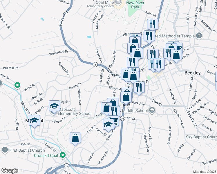map of restaurants, bars, coffee shops, grocery stores, and more near Ellison Avenue in Beckley