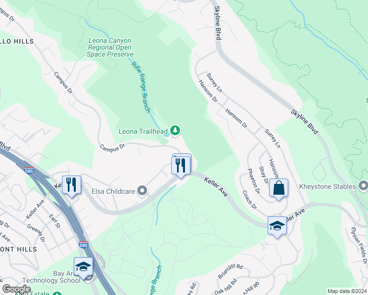 map of restaurants, bars, coffee shops, grocery stores, and more near 740 Canyon Oaks Drive in Oakland