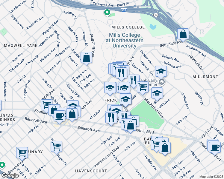map of restaurants, bars, coffee shops, grocery stores, and more near 3104 60th Avenue in Oakland