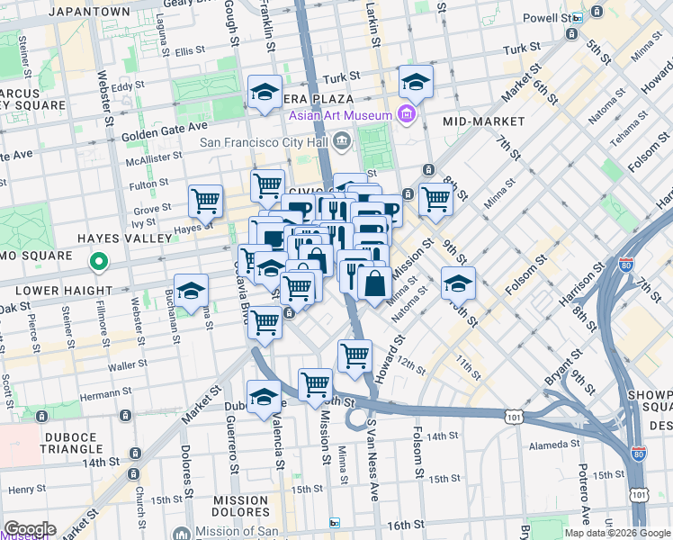 map of restaurants, bars, coffee shops, grocery stores, and more near 1601-1645 Market Street in San Francisco