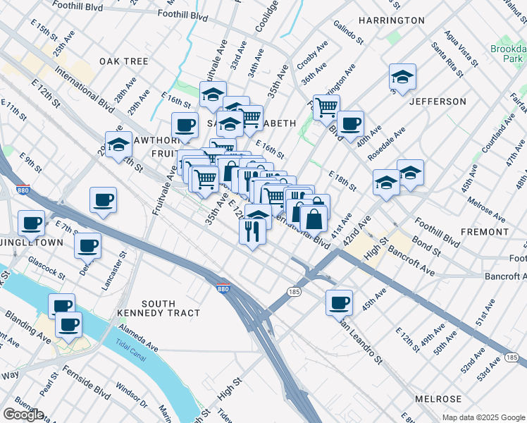 map of restaurants, bars, coffee shops, grocery stores, and more near 3811 International Boulevard in Oakland
