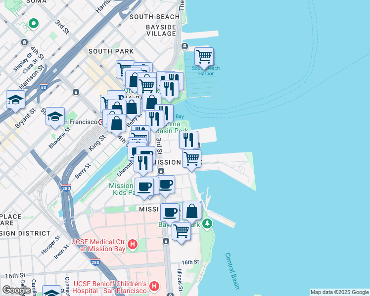 map of restaurants, bars, coffee shops, grocery stores, and more near 500 Terry A Francois Boulevard in San Francisco