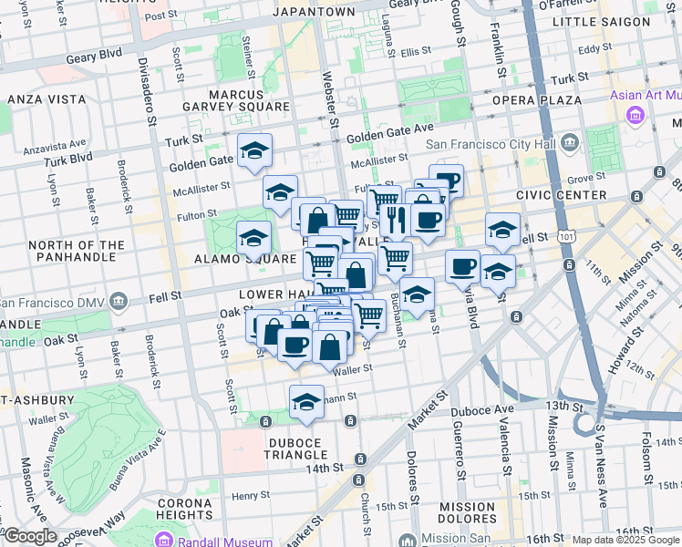 map of restaurants, bars, coffee shops, grocery stores, and more near 630-634 Oak Street in San Francisco