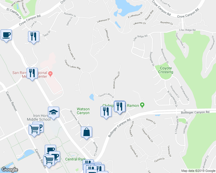 map of restaurants, bars, coffee shops, grocery stores, and more near 735 Watson Canyon Court in San Ramon