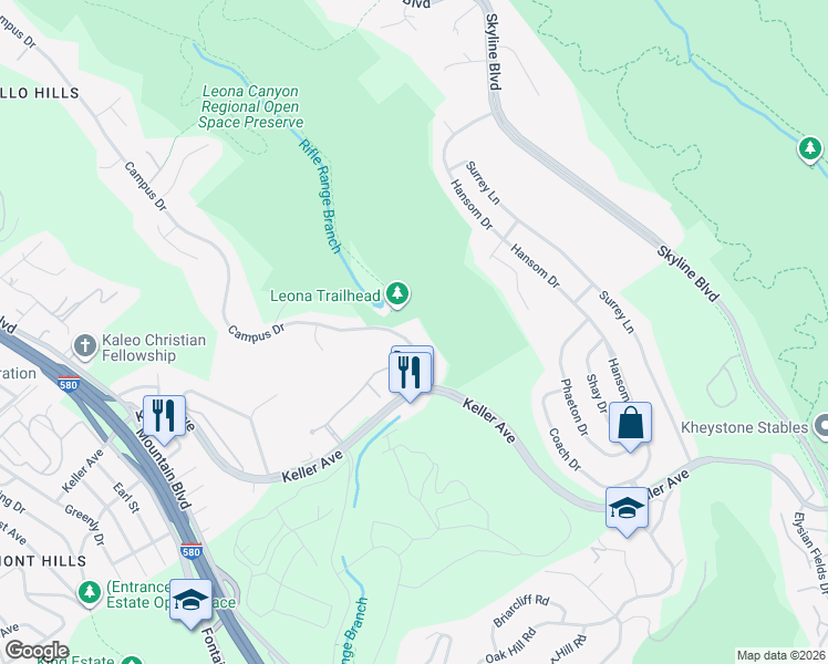 map of restaurants, bars, coffee shops, grocery stores, and more near 740 Canyon Oaks Drive in Oakland