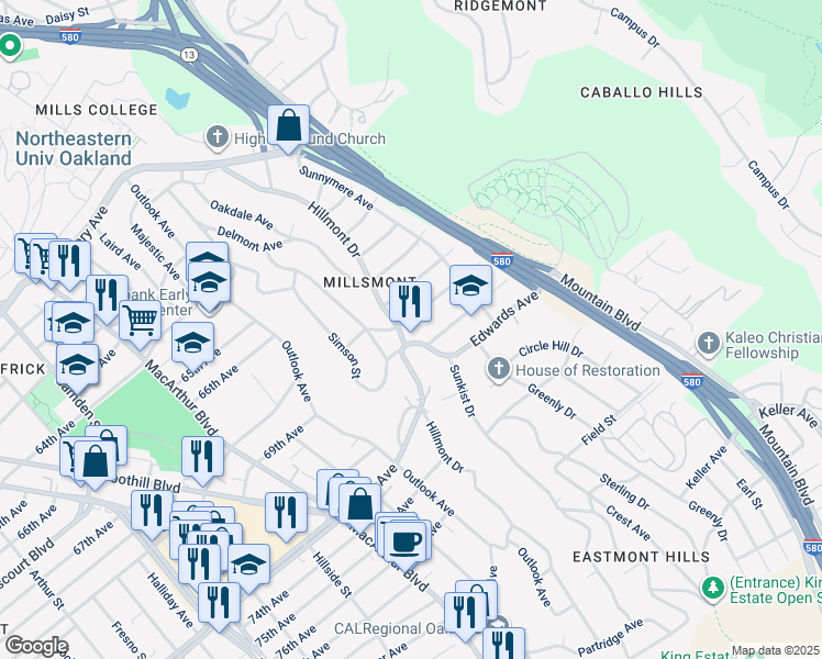 map of restaurants, bars, coffee shops, grocery stores, and more near 6874 Sunkist Drive in Oakland