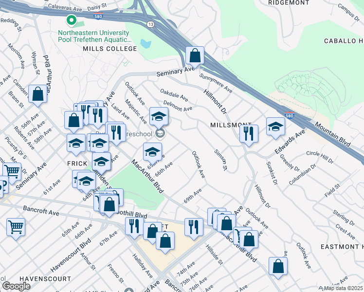 map of restaurants, bars, coffee shops, grocery stores, and more near 3592 66th Avenue in Oakland