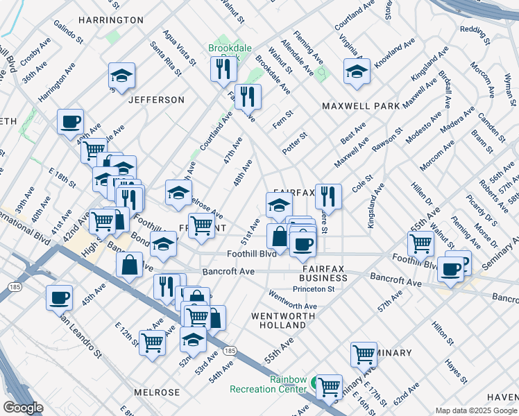 map of restaurants, bars, coffee shops, grocery stores, and more near 2152 51st Avenue in Oakland