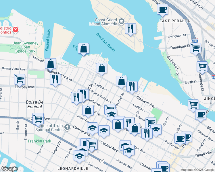 map of restaurants, bars, coffee shops, grocery stores, and more near 1805 Eagle Avenue in Alameda