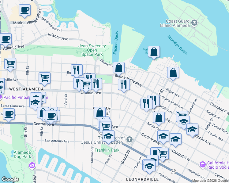 map of restaurants, bars, coffee shops, grocery stores, and more near 1500 Lincoln Avenue in Alameda