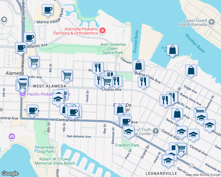 map of restaurants, bars, coffee shops, grocery stores, and more near 1557 Sherman Street in Alameda
