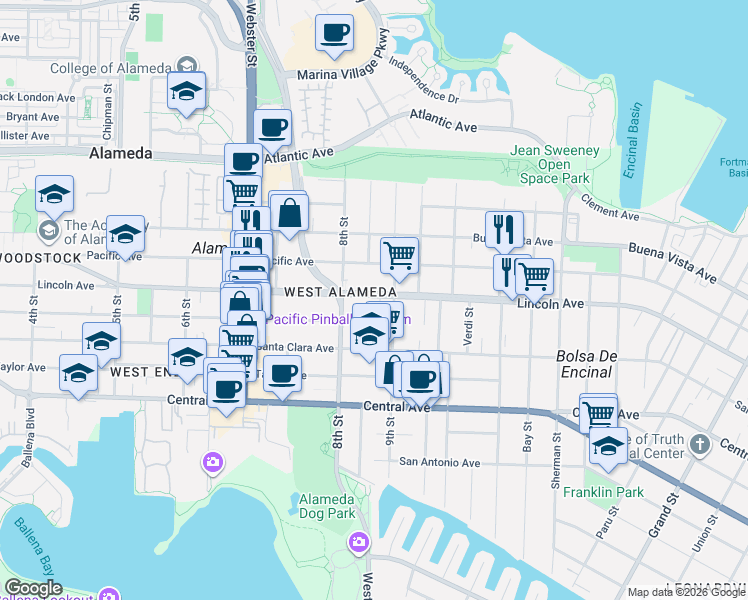 map of restaurants, bars, coffee shops, grocery stores, and more near 833 Haight Avenue in Alameda