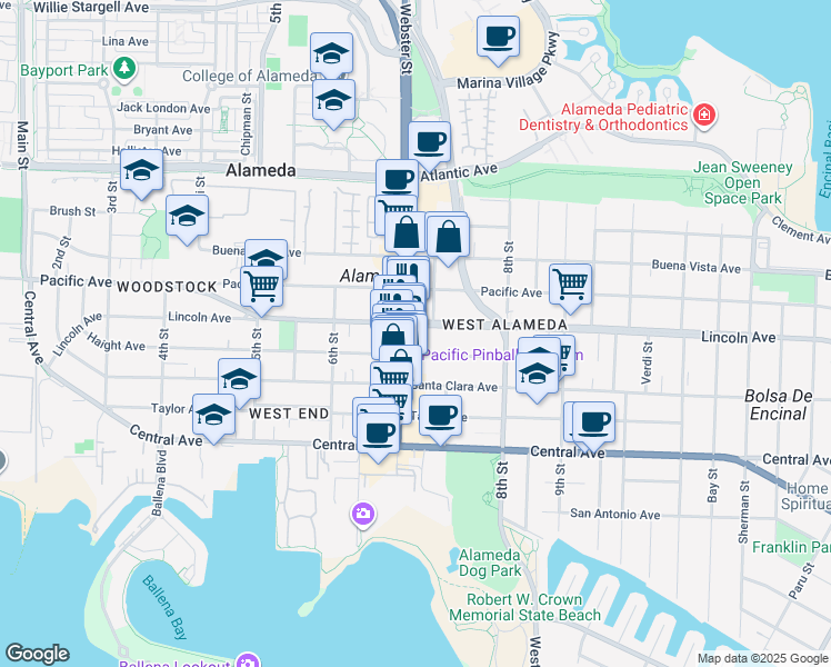 map of restaurants, bars, coffee shops, grocery stores, and more near 727 Haight Avenue in Alameda