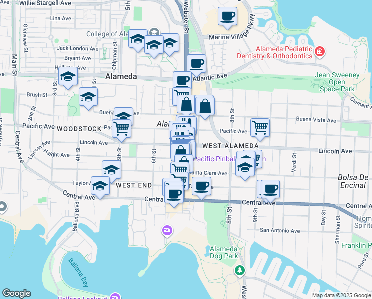 map of restaurants, bars, coffee shops, grocery stores, and more near 1531 Webster Street in Alameda