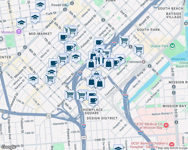 map of restaurants, bars, coffee shops, grocery stores, and more near 40-42 Boardman Place in San Francisco