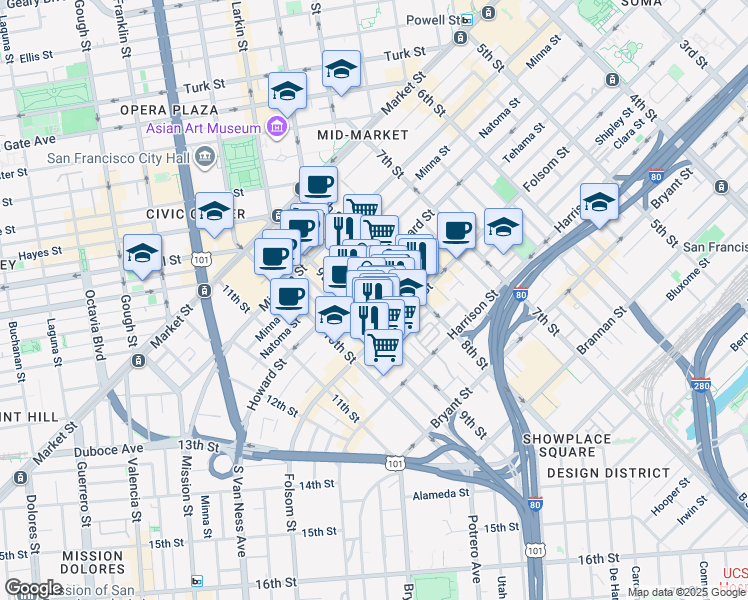 map of restaurants, bars, coffee shops, grocery stores, and more near 784 Clementina Street in San Francisco